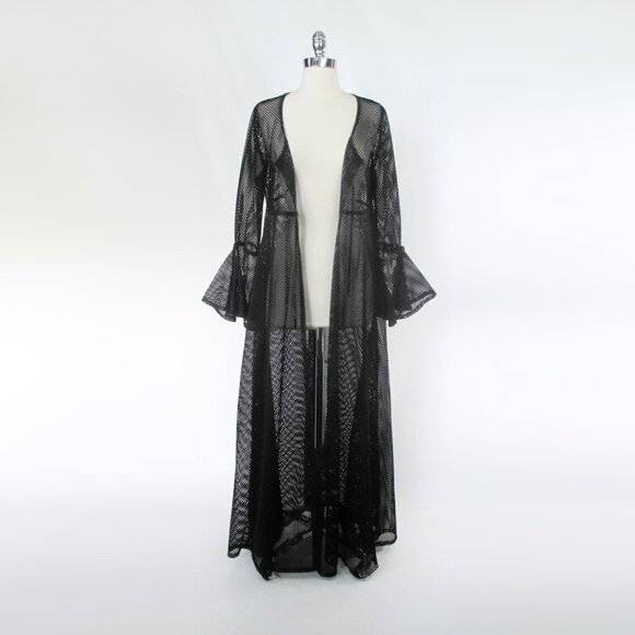 Vintage 90s Black Mesh Duster Robe XL - Picture 2 of 9